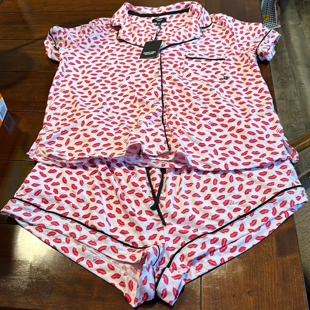 Lippies PJ set, button down short sleeve shirt & drawstring shorts XXL new